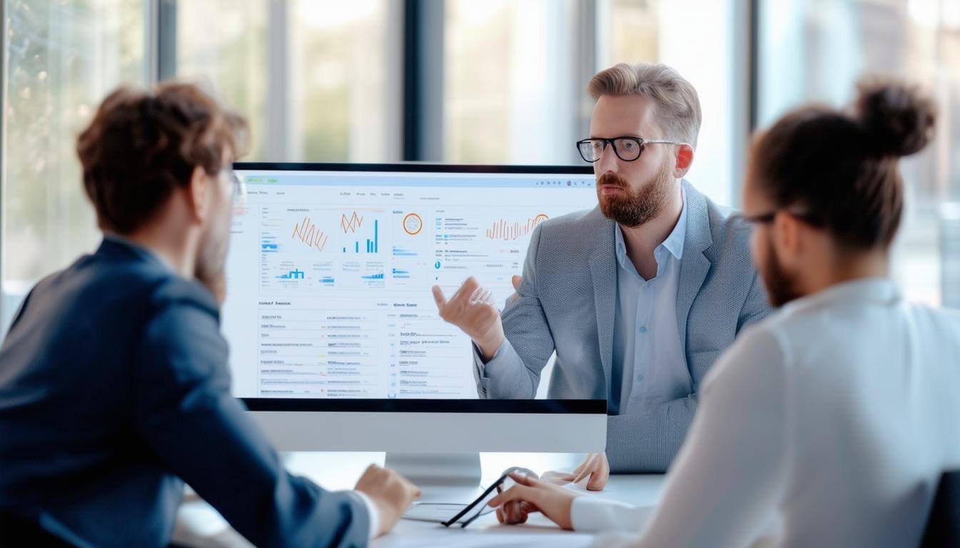 real looking human consultants working with client on data, show data on computer screen