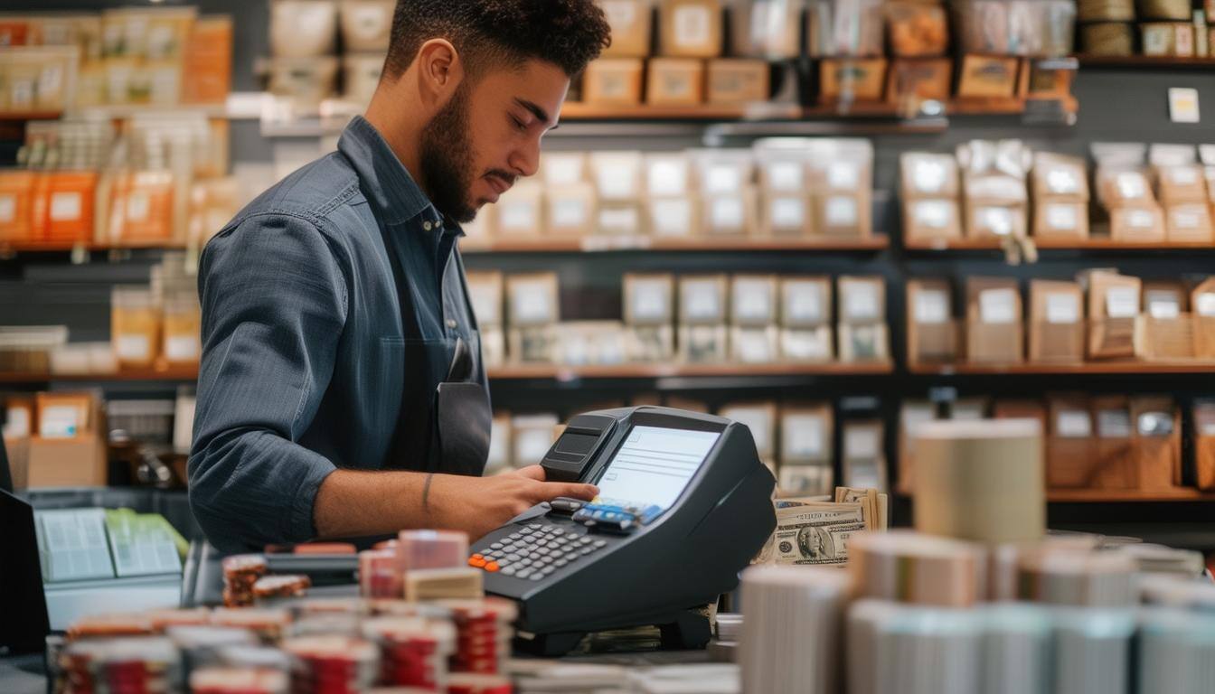 small business store working on cash register